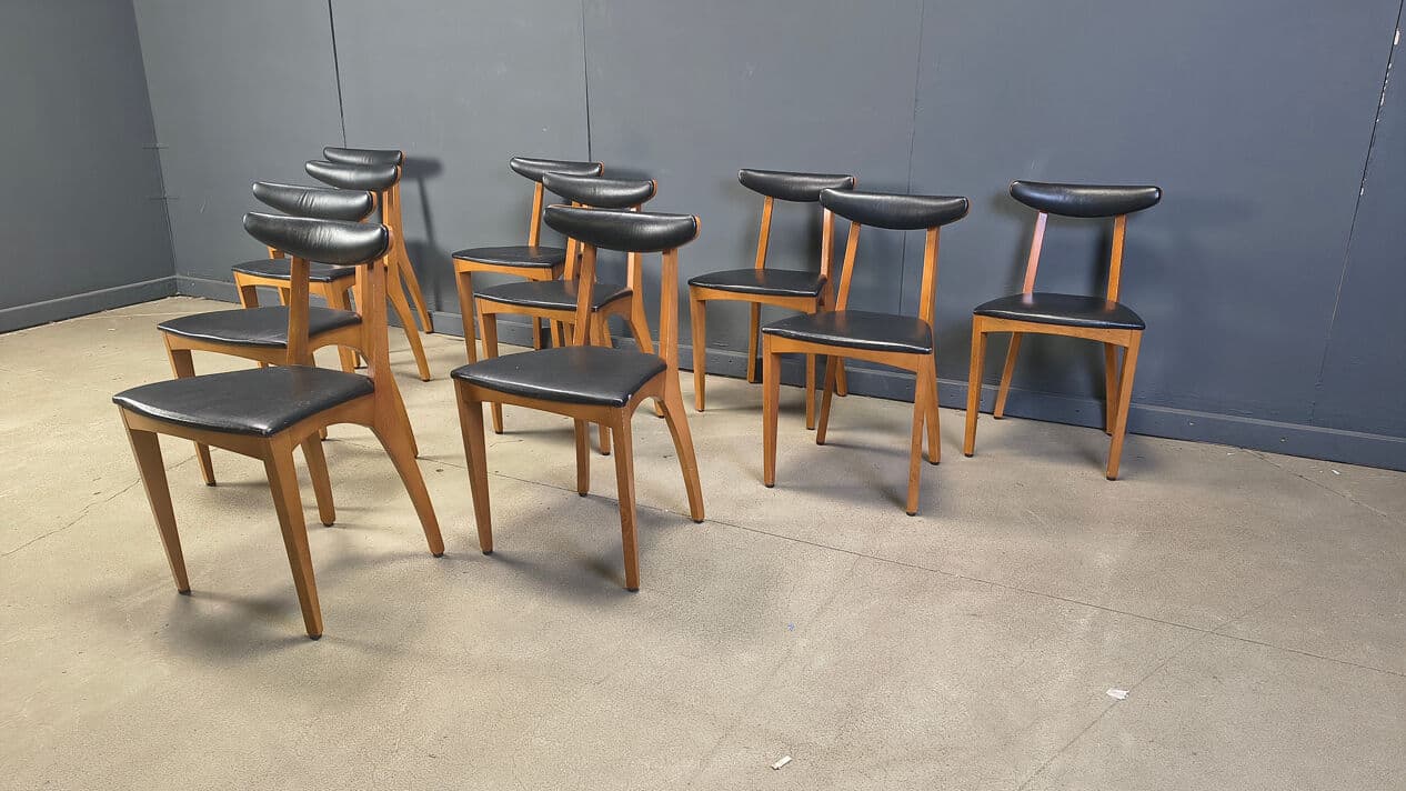 Set of ten dining chairs, brown wood, black leatherette, Belgium, 1960s. - 329201