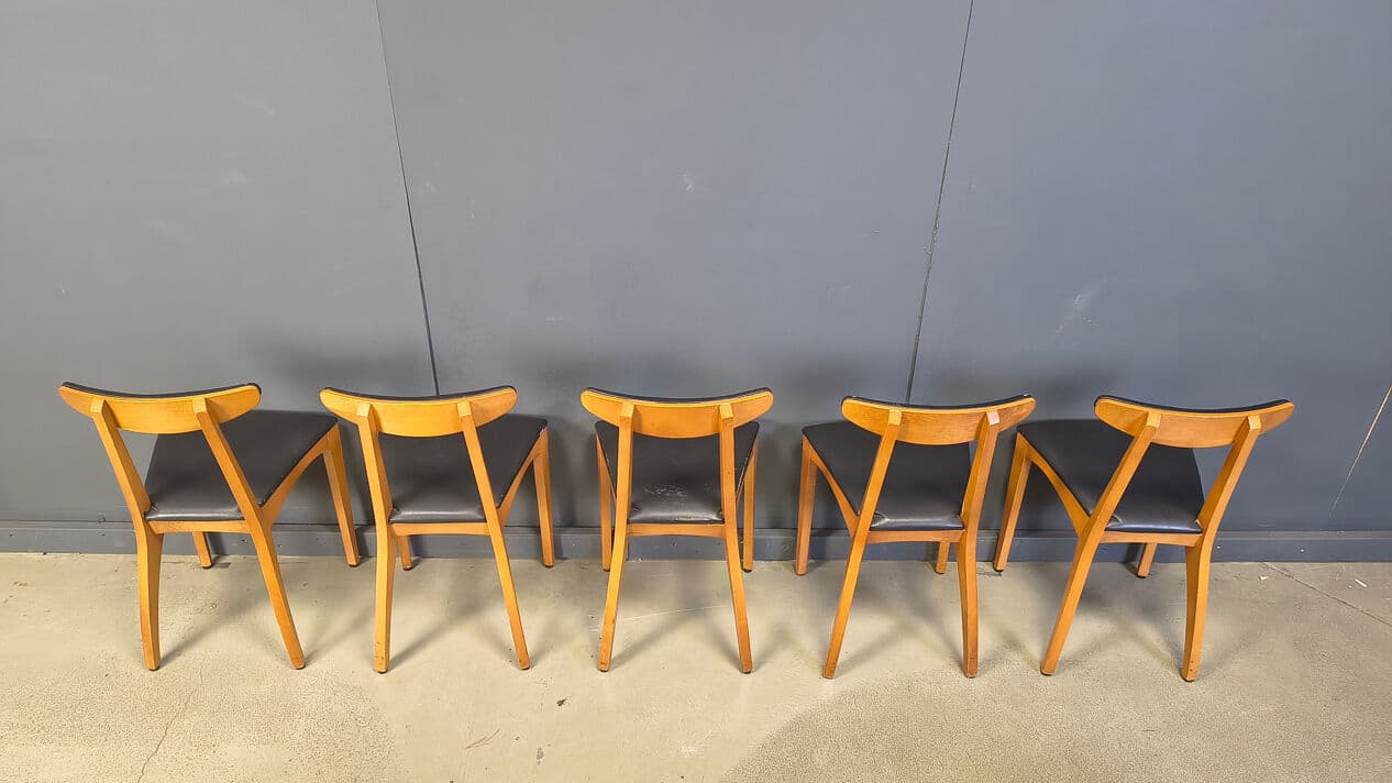 Set of ten dining chairs, brown wood, black leatherette, Belgium, 1960s. - 329205