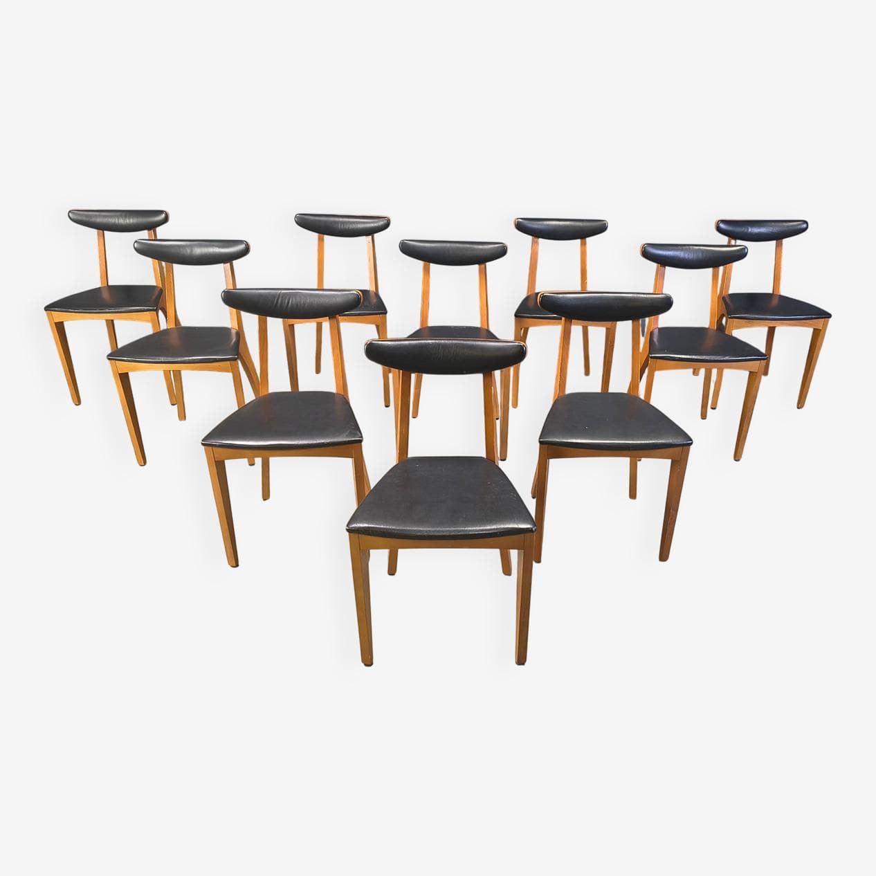 Set of ten dining chairs, brown wood, black leatherette, Belgium, 1960s. - 329197