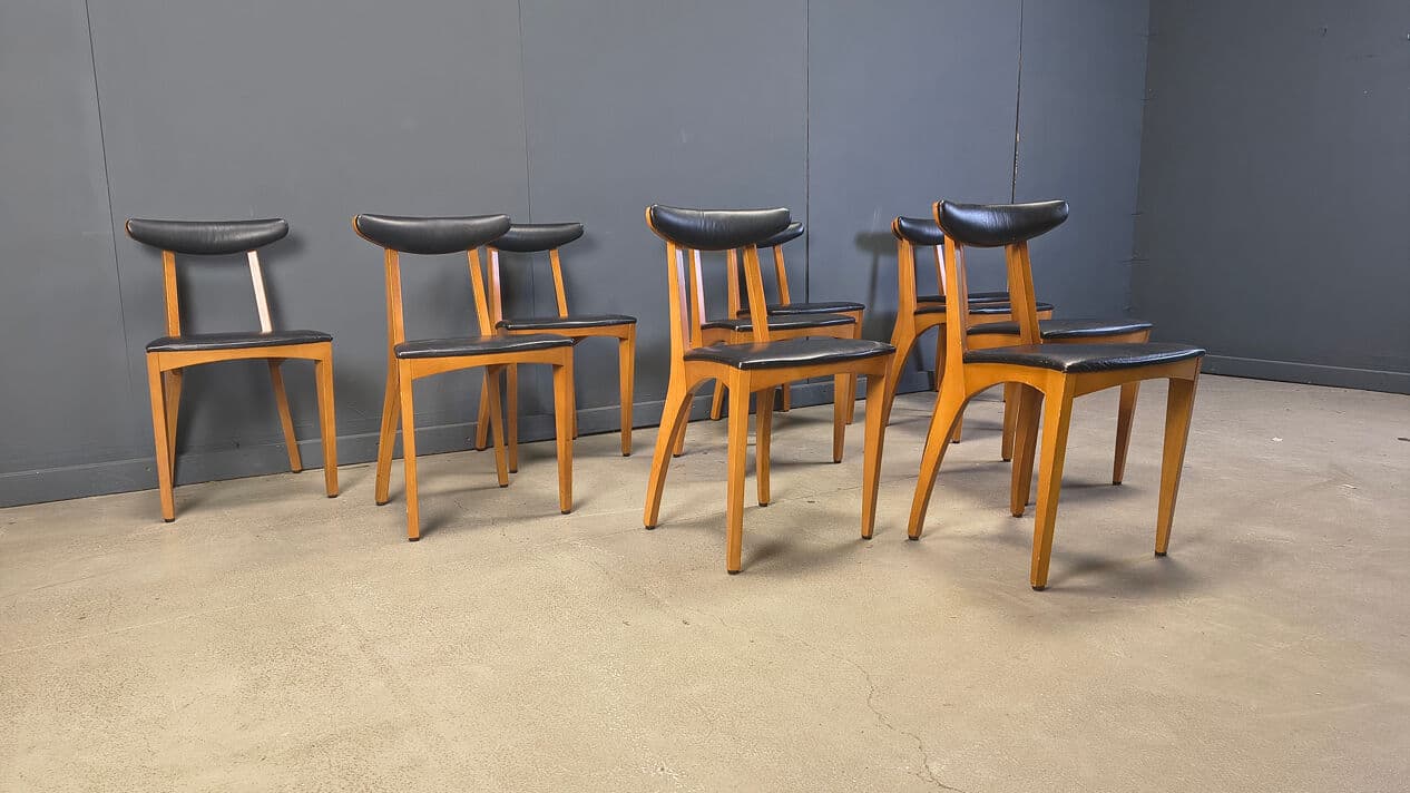 Set of ten dining chairs, brown wood, black leatherette, Belgium, 1960s. - 329200