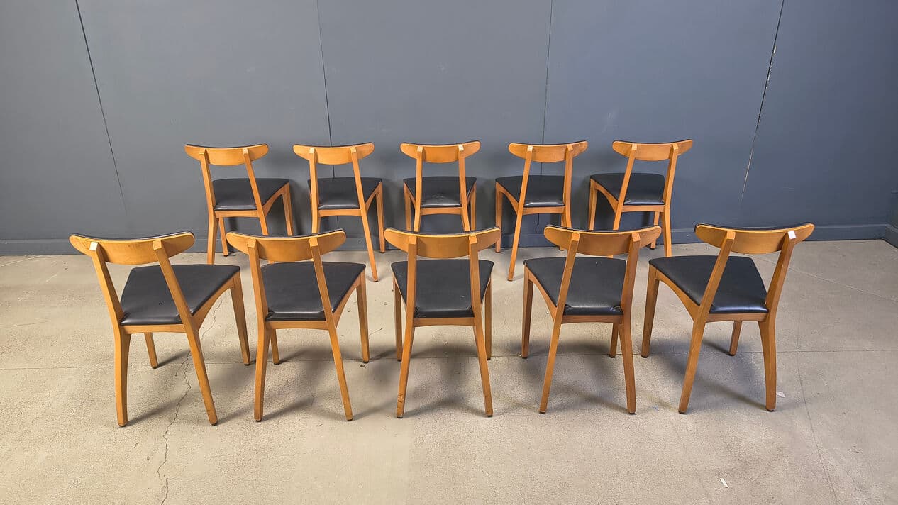 Set of ten dining chairs, brown wood, black leatherette, Belgium, 1960s. - 329204