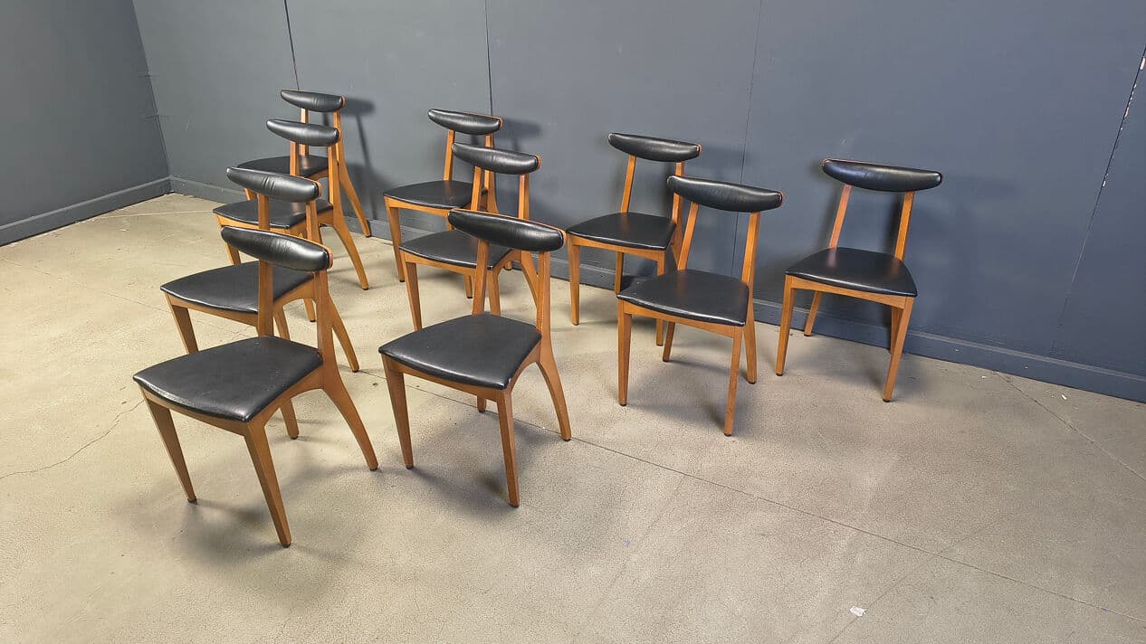 Set of ten dining chairs, brown wood, black leatherette, Belgium, 1960s. - 329202