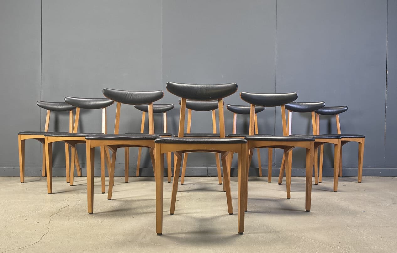 Set of ten dining chairs, brown wood, black leatherette, Belgium, 1960s. - 329195