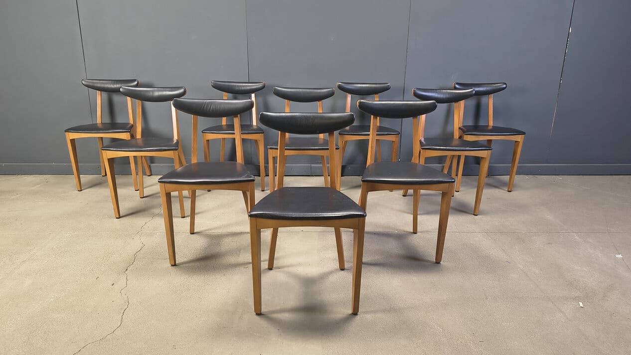 Set of ten dining chairs, brown wood, black leatherette, Belgium, 1960s. - 329198