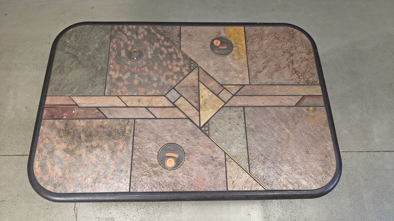 Coffee table, natural stone and wood, brass, copper, by P. Kingma, Germany, 1980s. - 329180