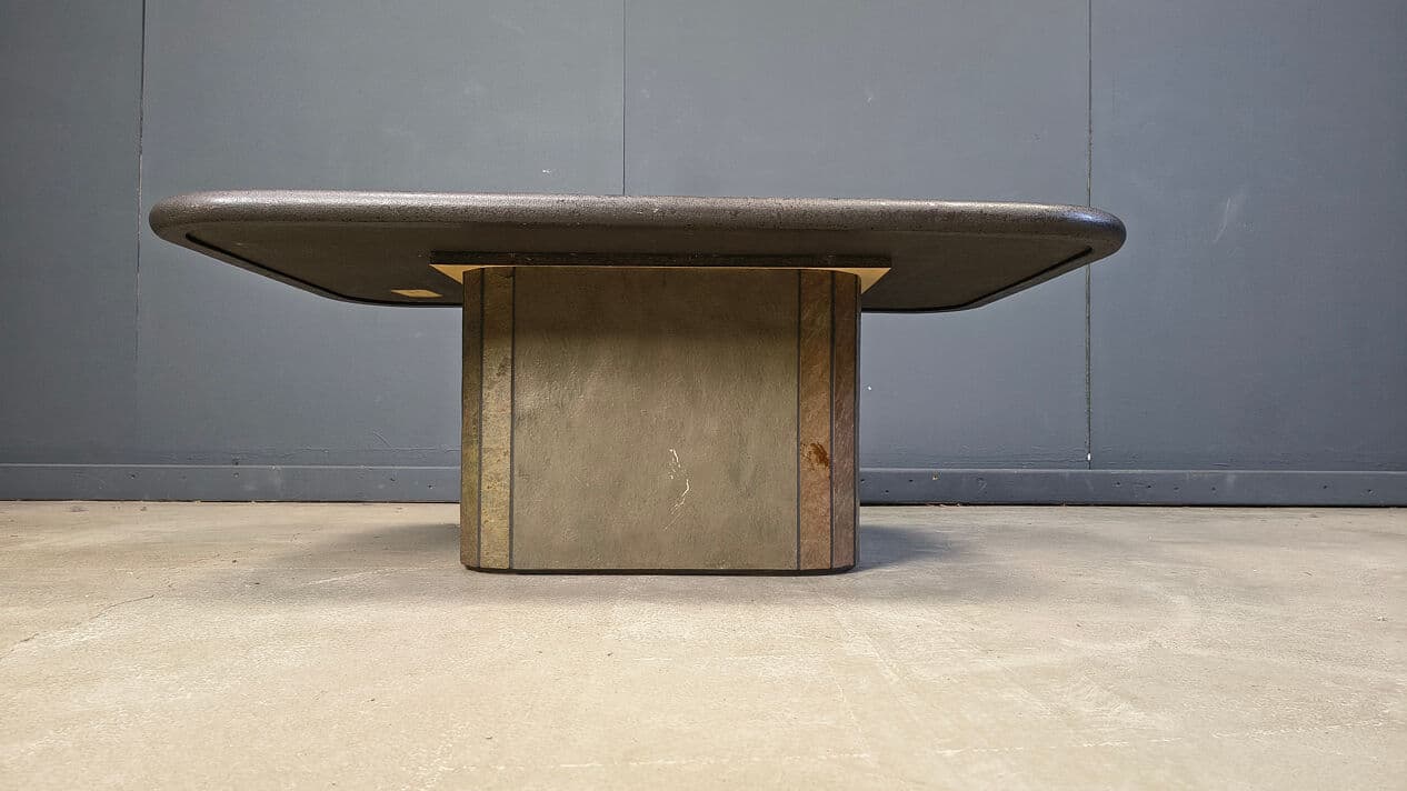 Coffee table, natural stone and wood, brass, copper, by P. Kingma, Germany, 1980s. - 329176