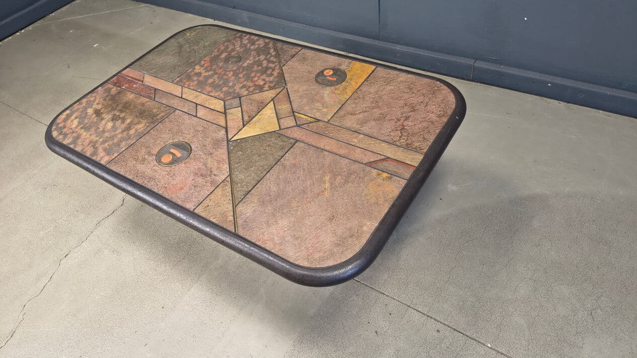 Coffee table, natural stone and wood, brass, copper, by P. Kingma, Germany, 1980s. - 329178