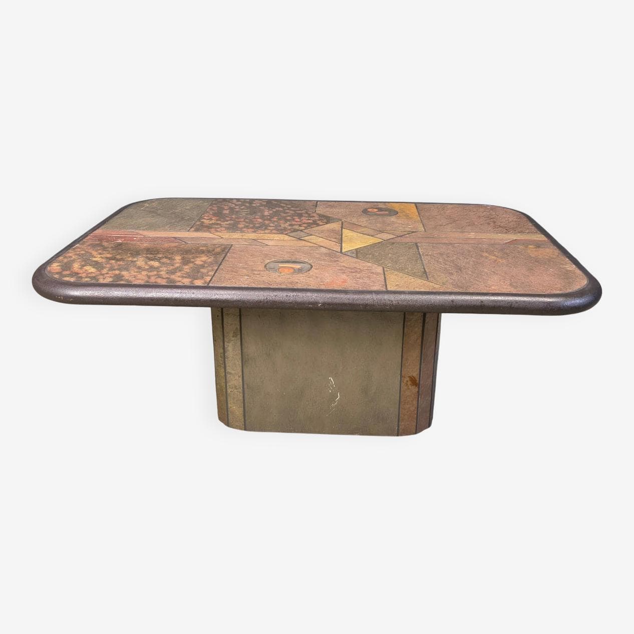 Coffee table, natural stone and wood, brass, copper, by P. Kingma, Germany, 1980s. - 329173