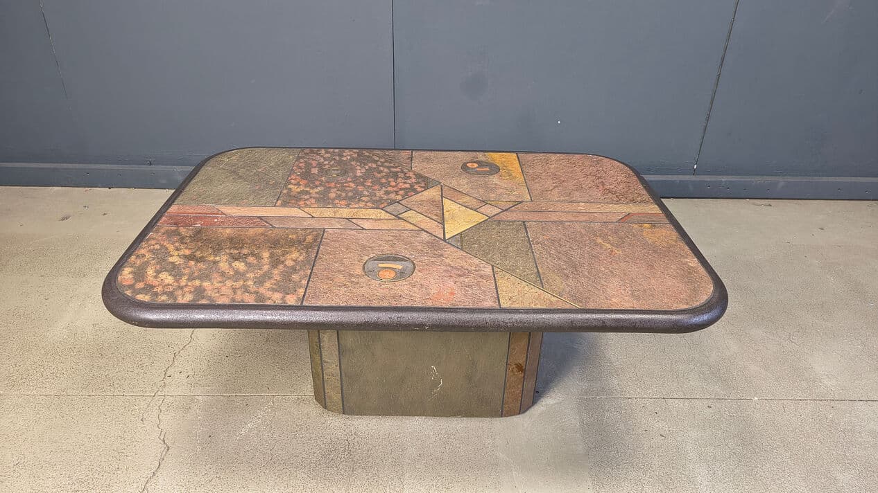 Coffee table, natural stone and wood, brass, copper, by P. Kingma, Germany, 1980s. - 329174