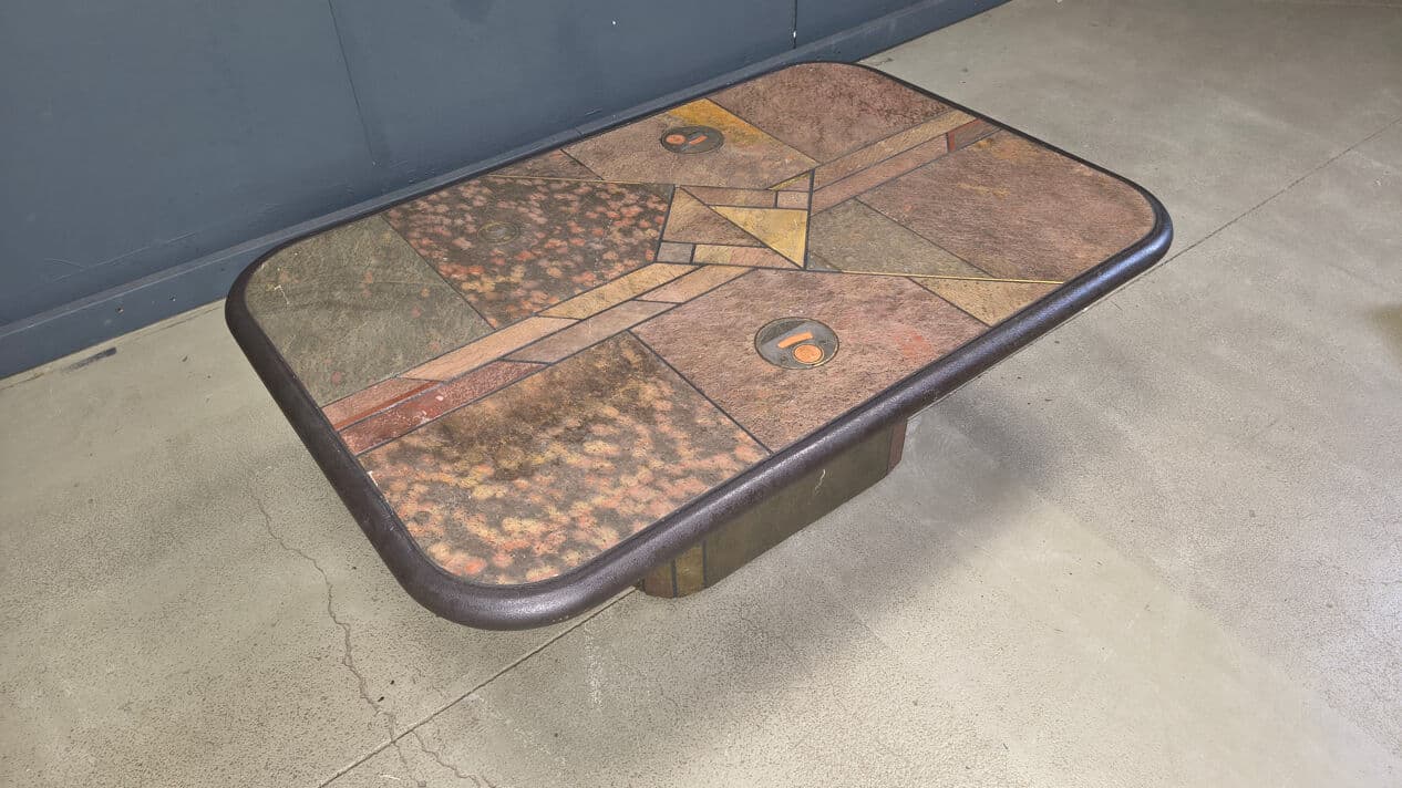 Coffee table, natural stone and wood, brass, copper, by P. Kingma, Germany, 1980s. - 329177