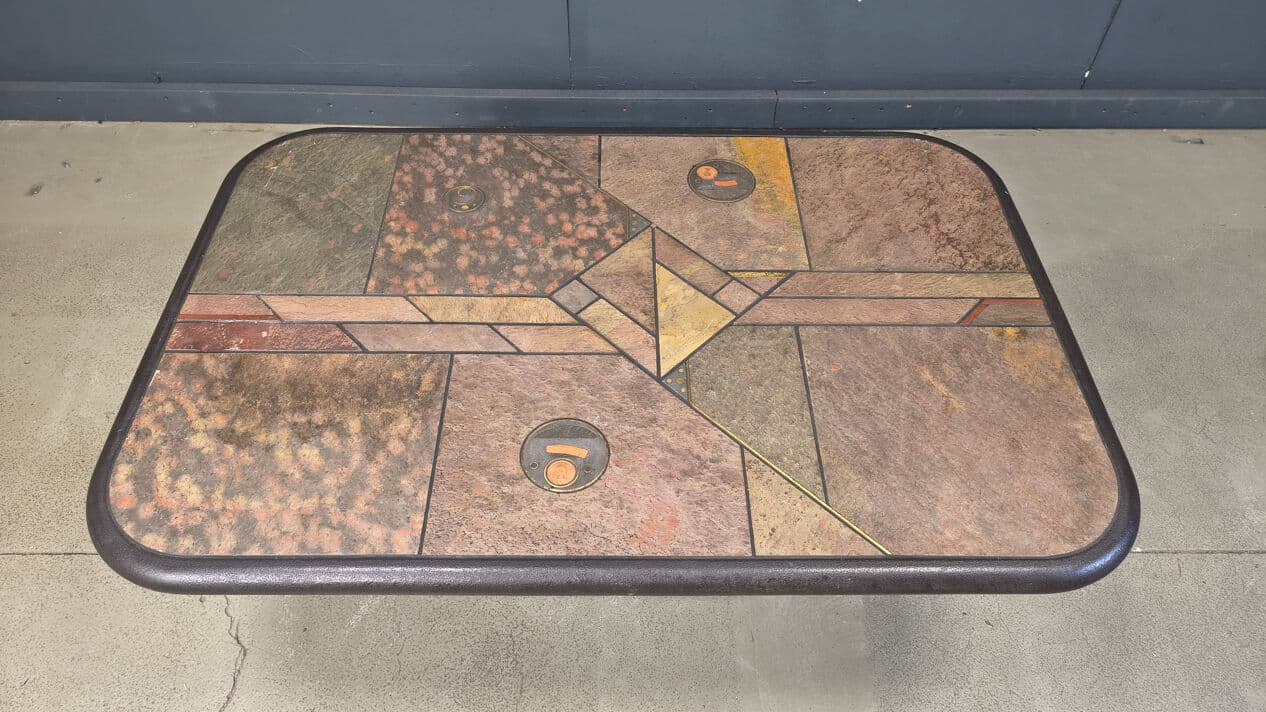 Coffee table, natural stone and wood, brass, copper, by P. Kingma, Germany, 1980s. - 329171