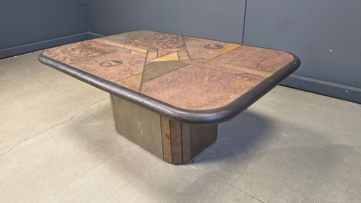 Coffee table, natural stone and wood, brass, copper, by P. Kingma, Germany, 1980s. - 329179