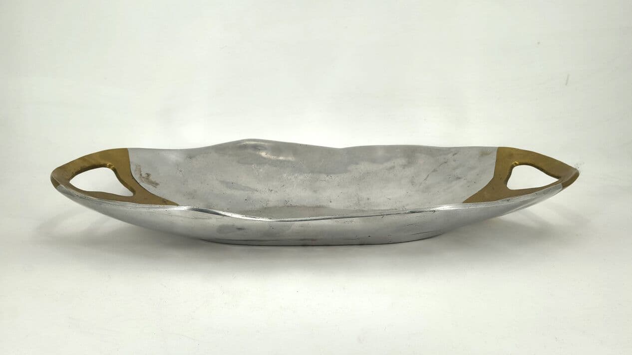 Brutalist tray, silver aluminum, gold brass, by D. Marshall, Spain, 1970s. - 329156