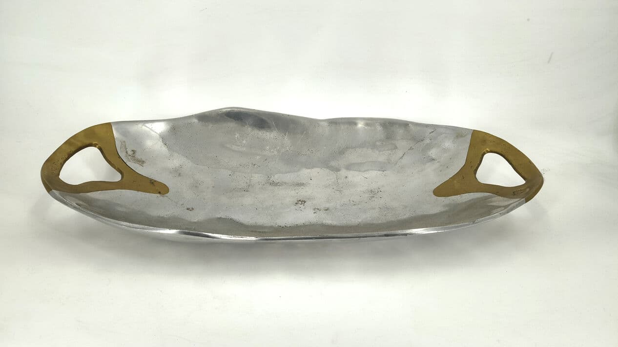 Brutalist tray, silver aluminum, gold brass, by D. Marshall, Spain, 1970s. - 329152