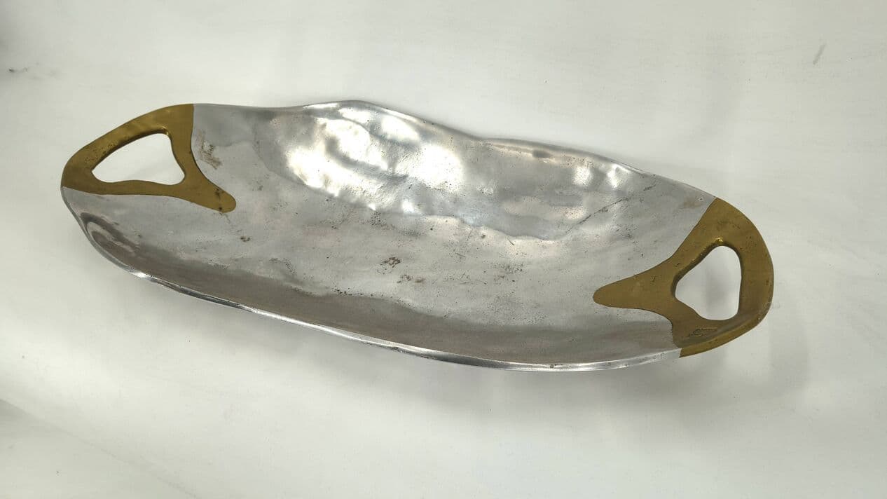 Brutalist tray, silver aluminum, gold brass, by D. Marshall, Spain, 1970s. - 329154
