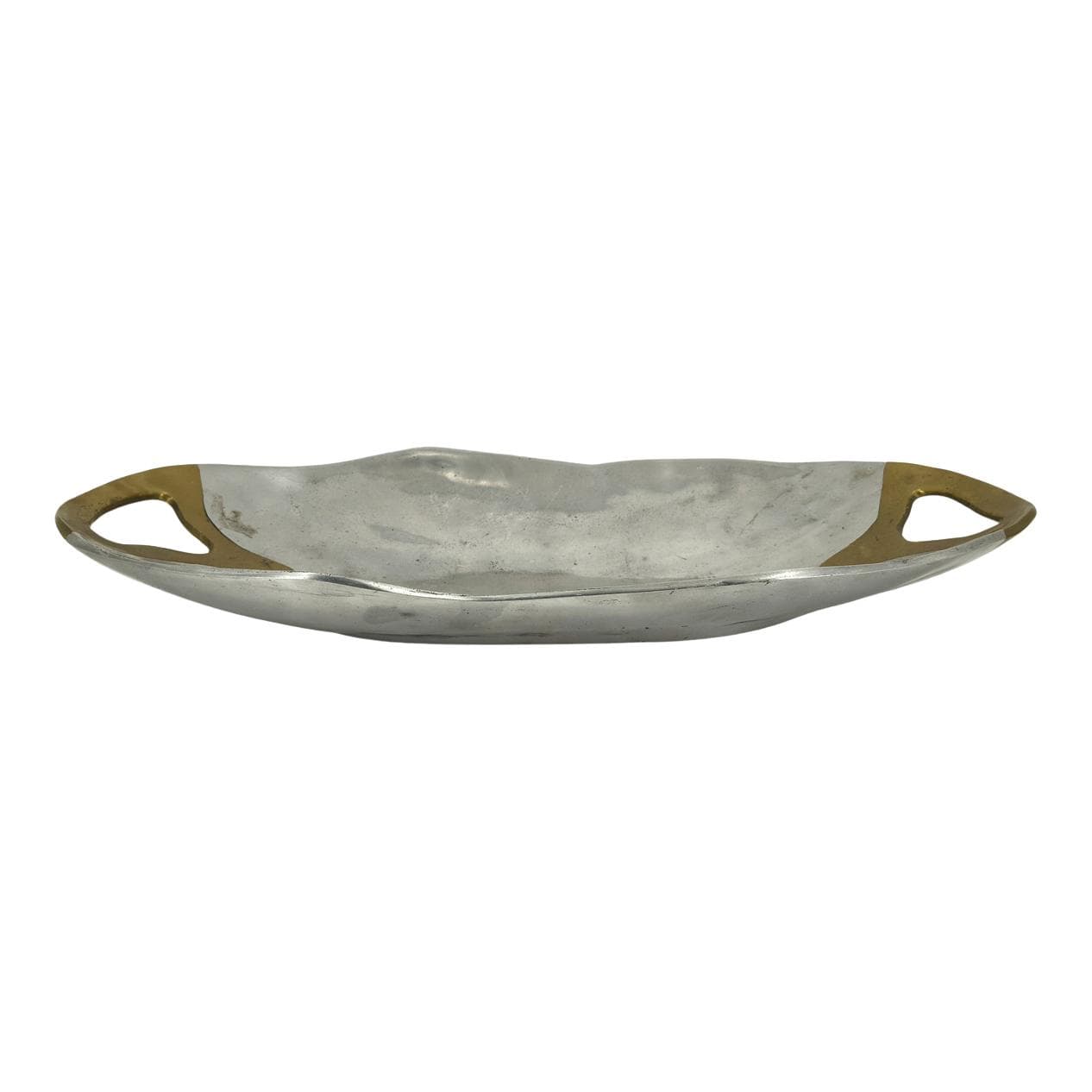Brutalist tray, silver aluminum, gold brass, by D. Marshall, Spain, 1970s.