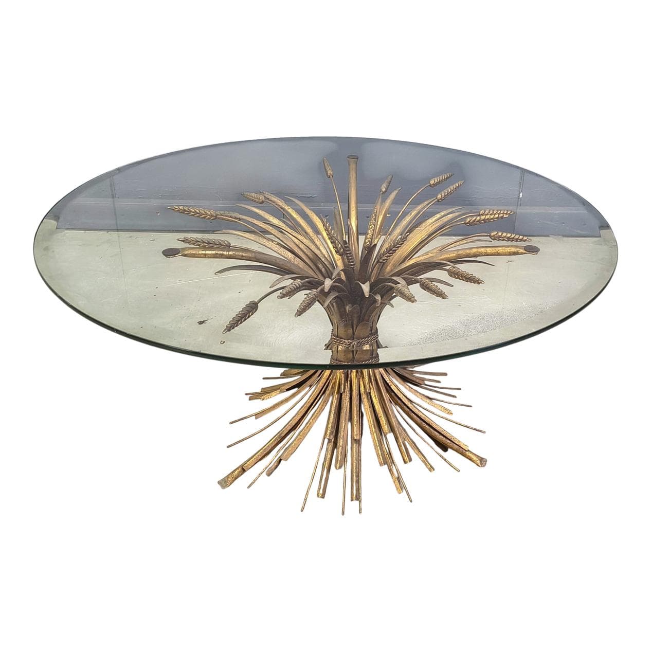 Coffee Table Sheaf of Wheat, gold brass, transparent glass, Italy, 1970s.