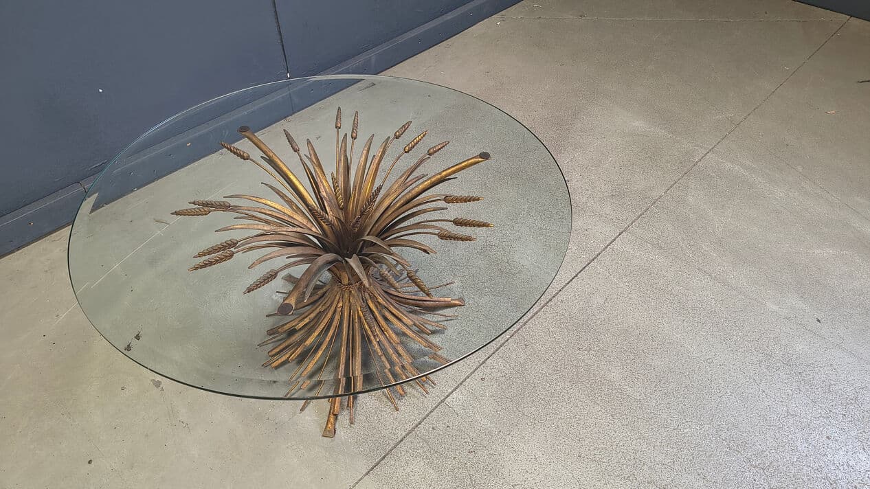 Coffee Table Sheaf of Wheat, gold brass, transparent glass, Italy, 1970s. - 329143
