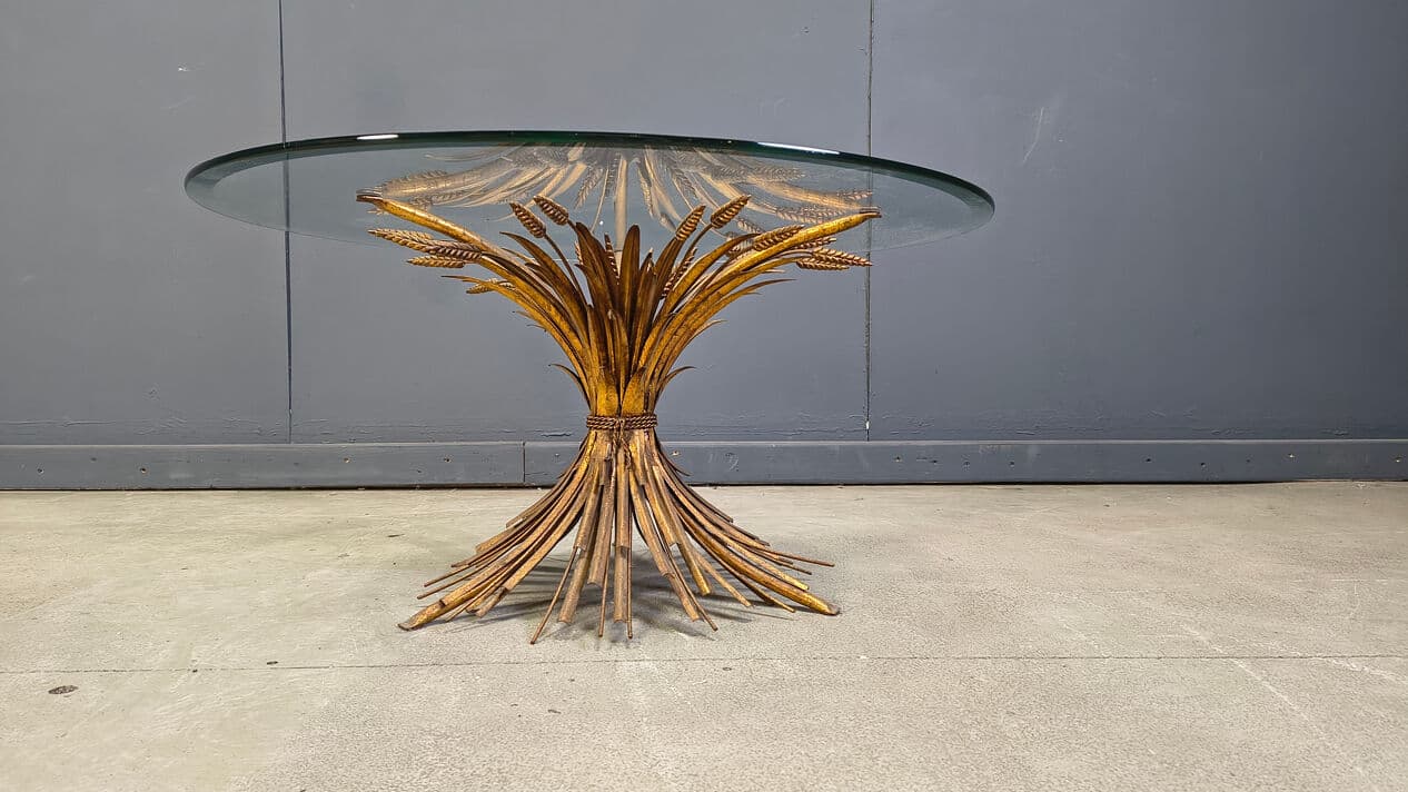 Coffee Table Sheaf of Wheat, gold brass, transparent glass, Italy, 1970s. - 329144