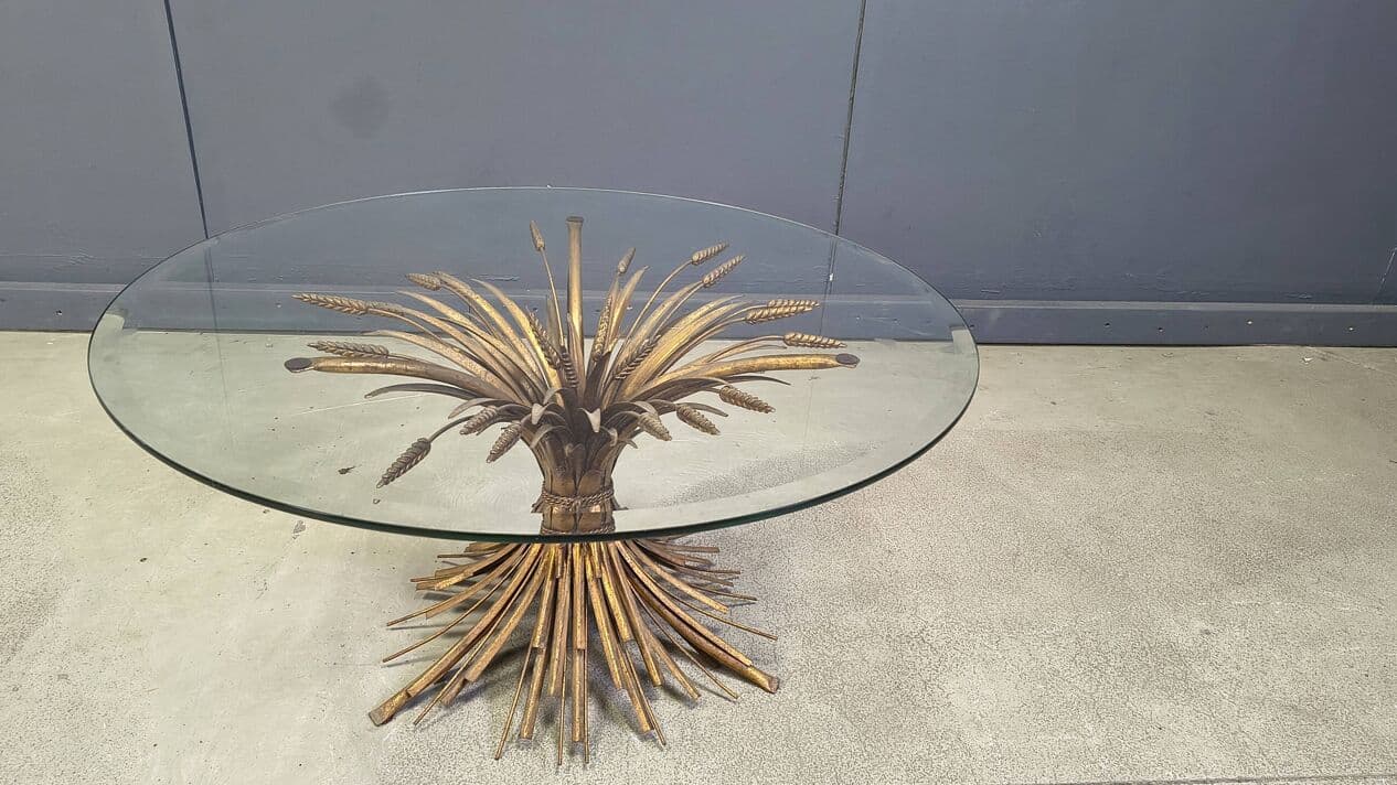 Coffee Table Sheaf of Wheat, gold brass, transparent glass, Italy, 1970s. - 329141