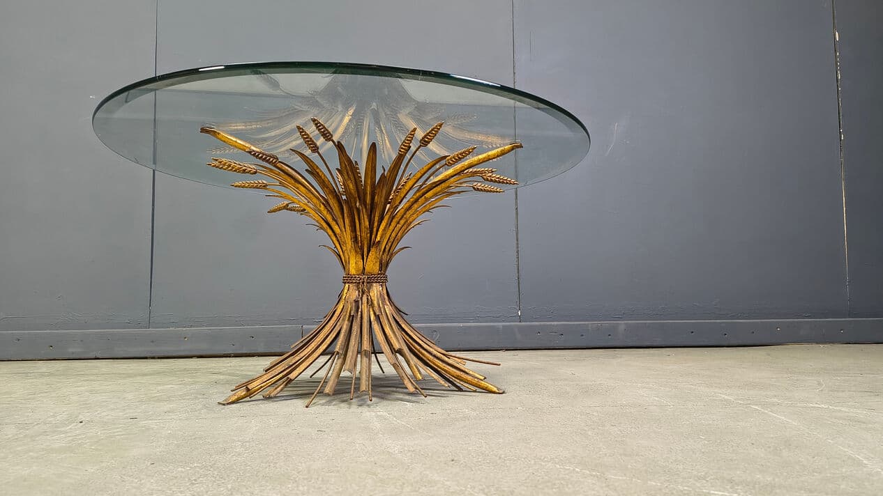 Coffee Table Sheaf of Wheat, gold brass, transparent glass, Italy, 1970s. - 329146