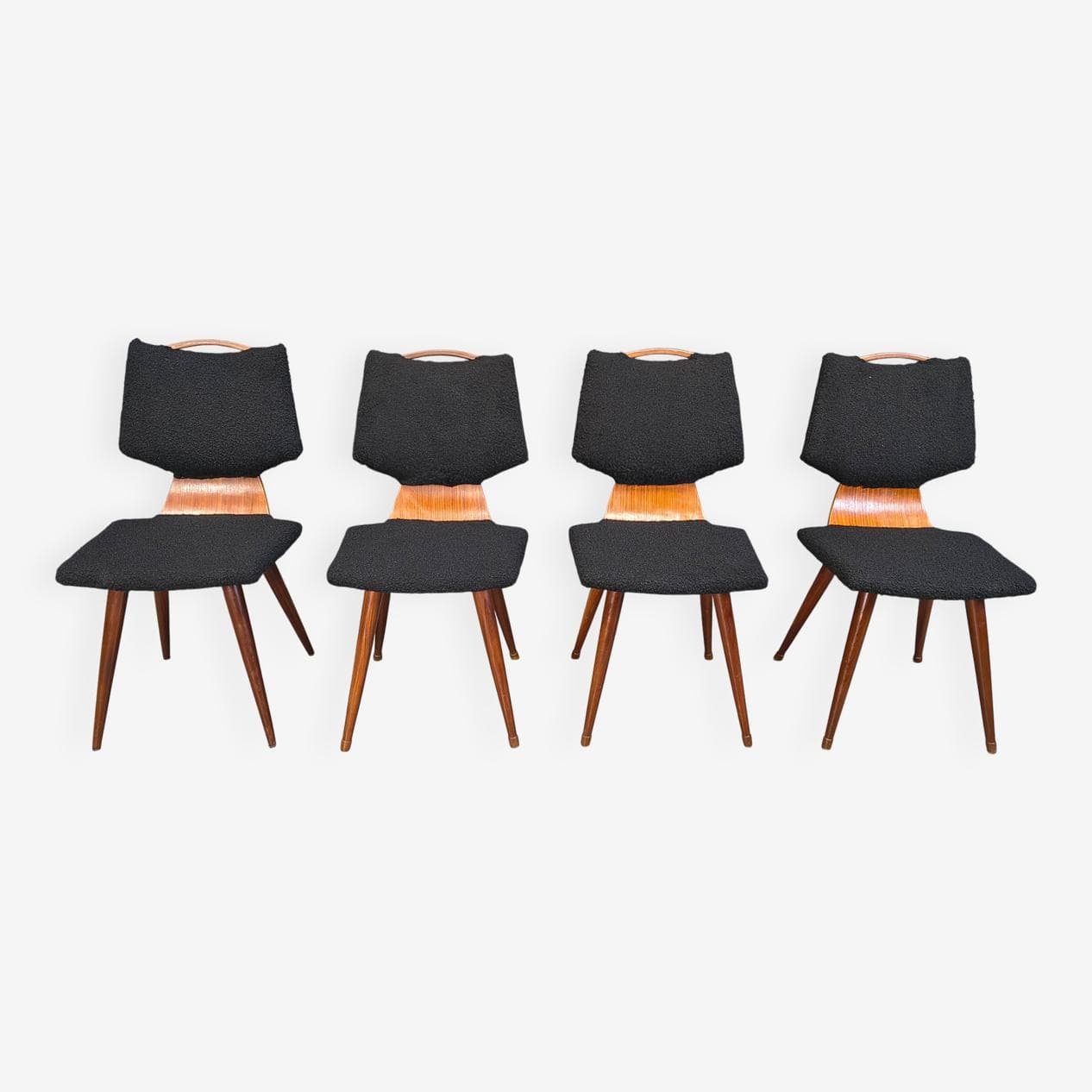 Set of four dining chairs, black bouclé, brown wood, Denmark, 1960s. - 329130