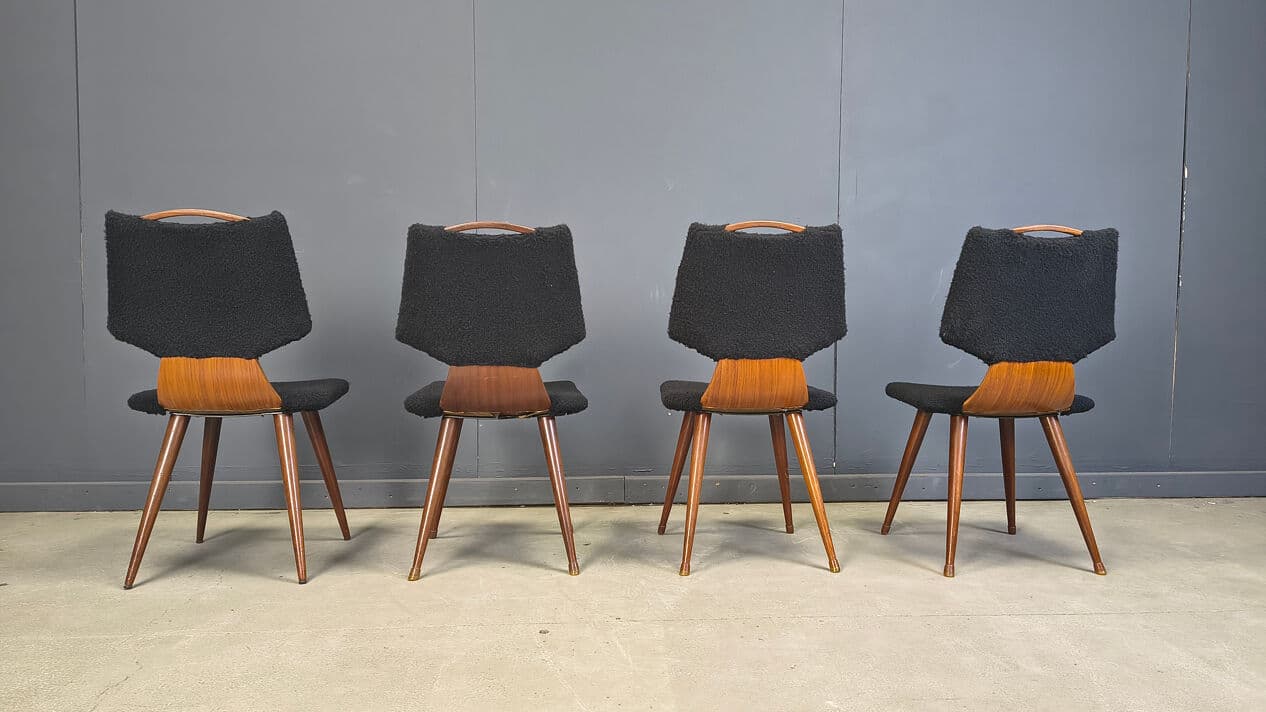 Set of four dining chairs, black bouclé, brown wood, Denmark, 1960s. - 329129