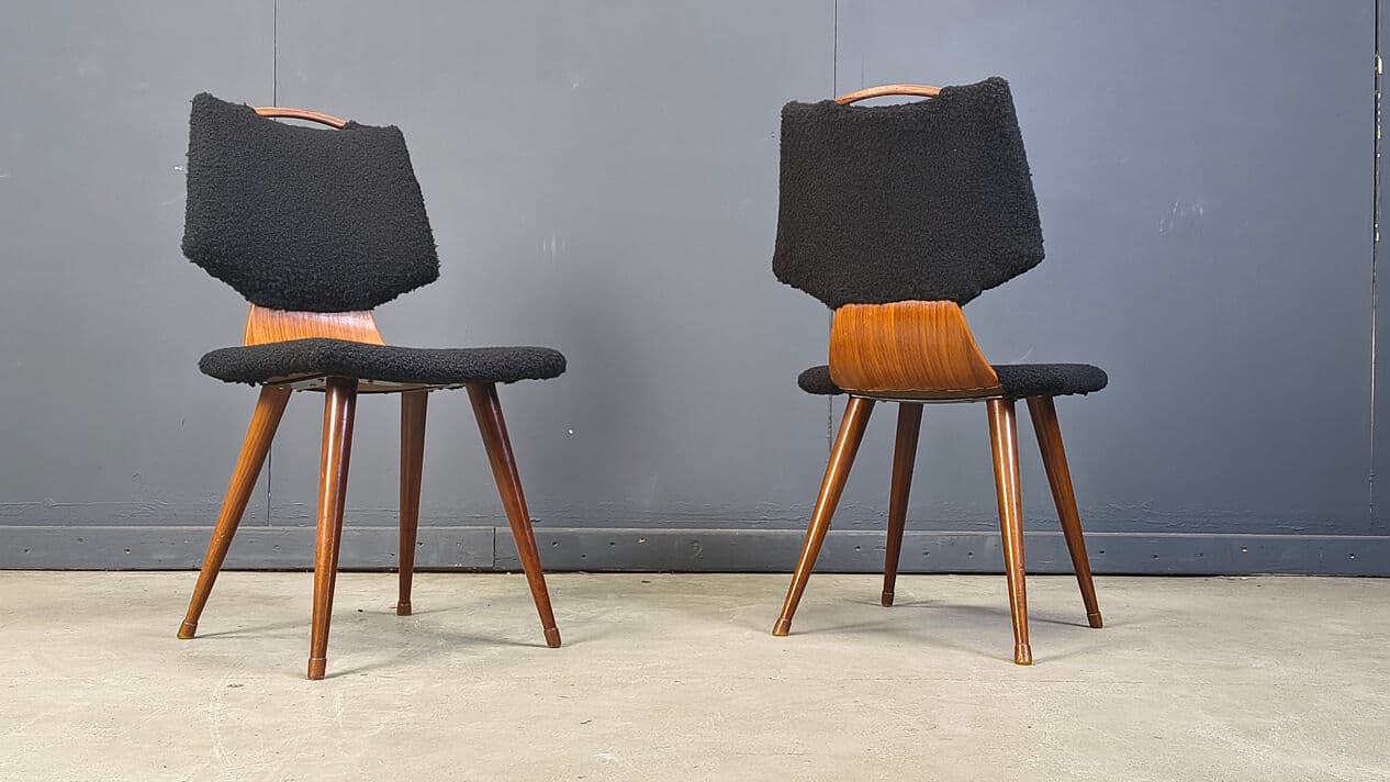 Set of four dining chairs, black bouclé, brown wood, Denmark, 1960s. - 329138