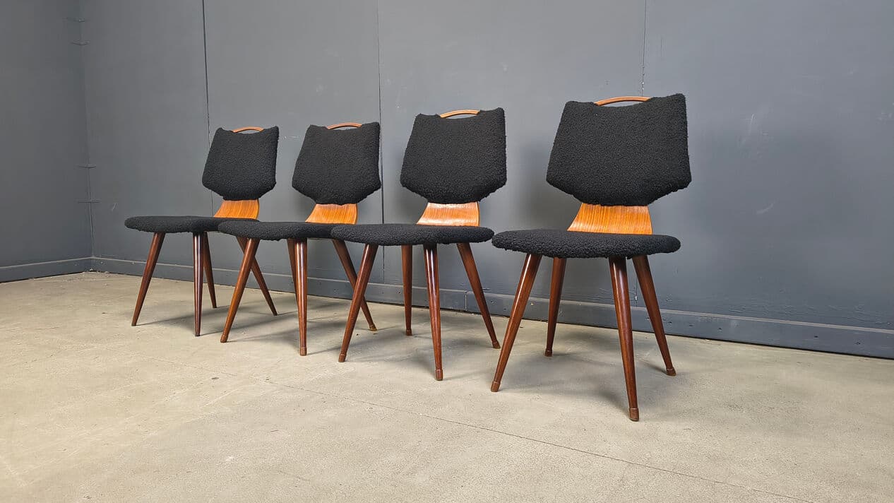 Set of four dining chairs, black bouclé, brown wood, Denmark, 1960s. - 329135