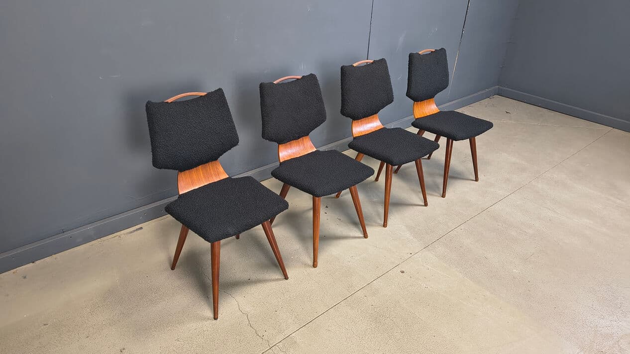 Set of four dining chairs, black bouclé, brown wood, Denmark, 1960s. - 329134