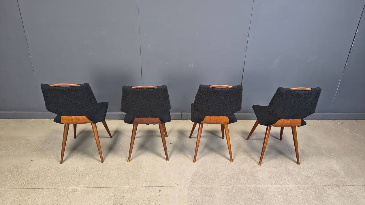 Set of four dining chairs, black bouclé, brown wood, Denmark, 1960s. - 329136