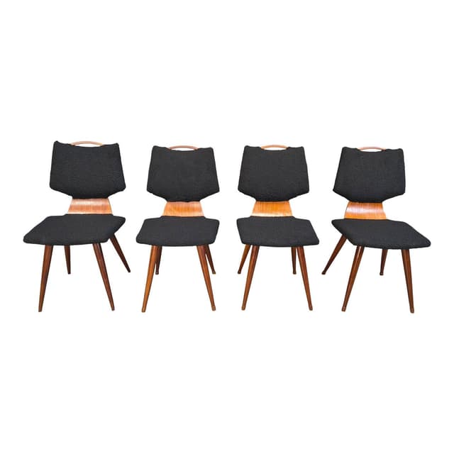 Set of four dining chairs, black bouclé, brown wood, Denmark, 1960s. - DIMENSION