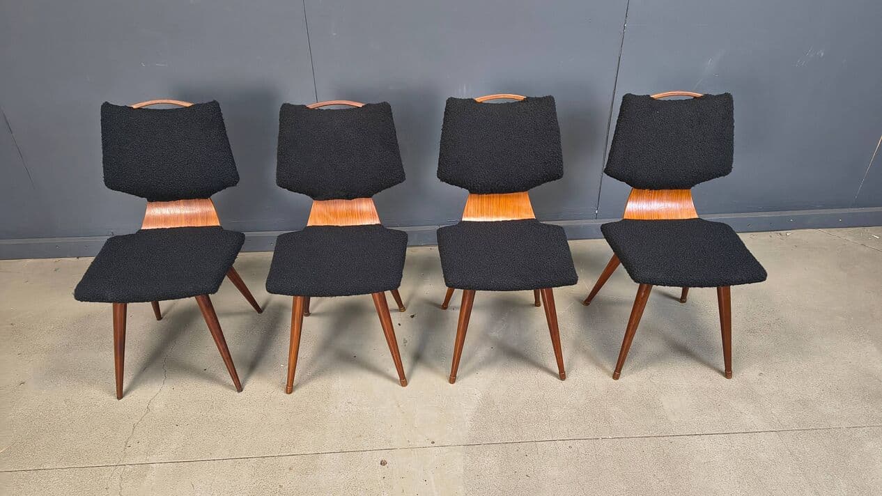 Set of four dining chairs, black bouclé, brown wood, Denmark, 1960s. - 329137