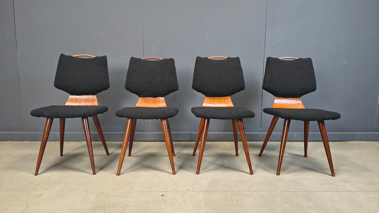 Set of four dining chairs, black bouclé, brown wood, Denmark, 1960s. - 329128
