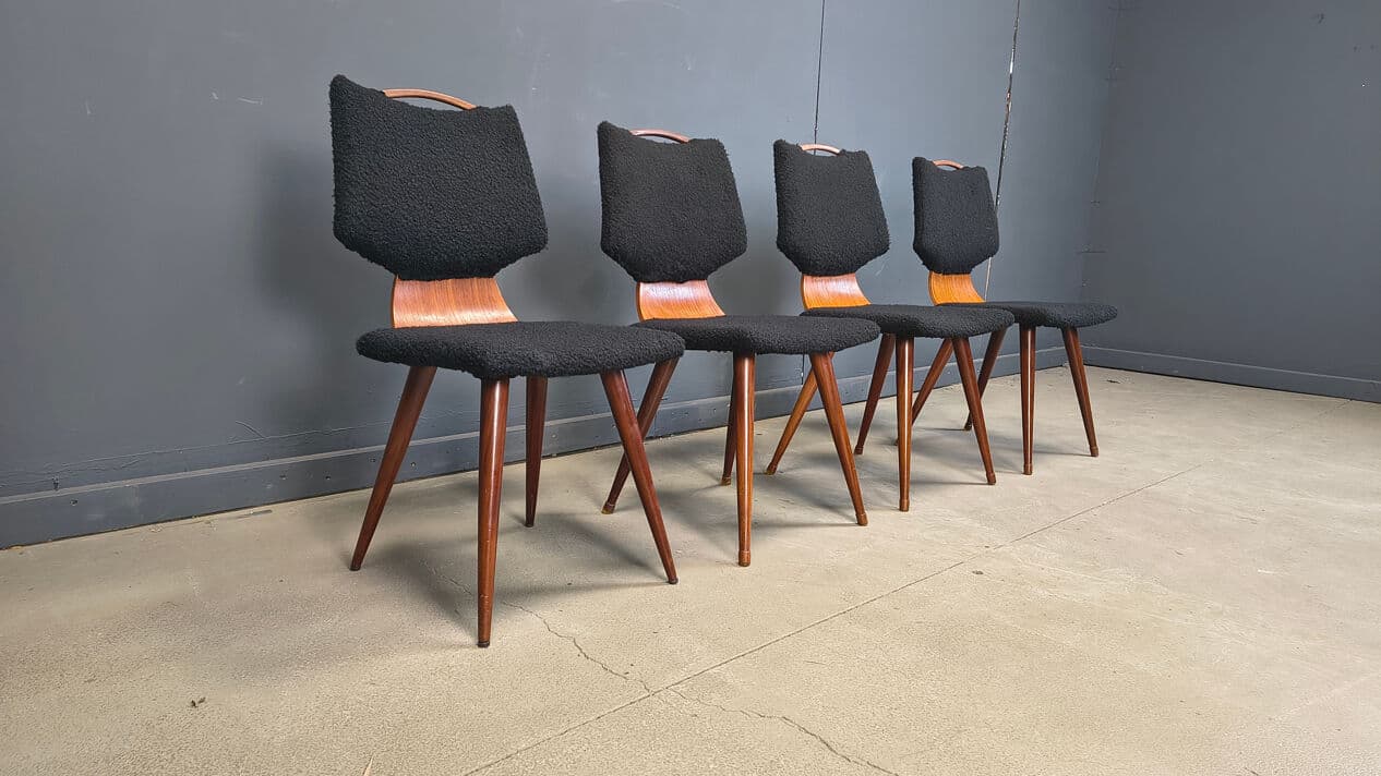 Set of four dining chairs, black bouclé, brown wood, Denmark, 1960s. - 329132