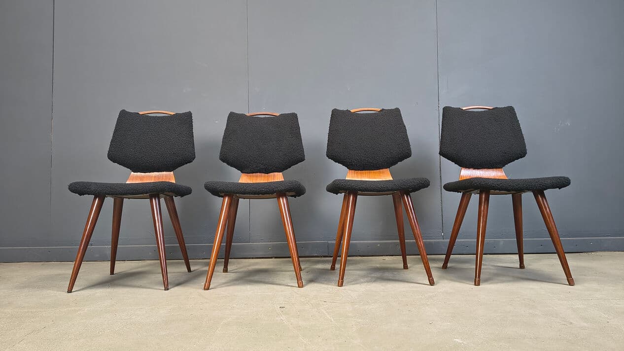 Set of four dining chairs, black bouclé, brown wood, Denmark, 1960s. - 329131