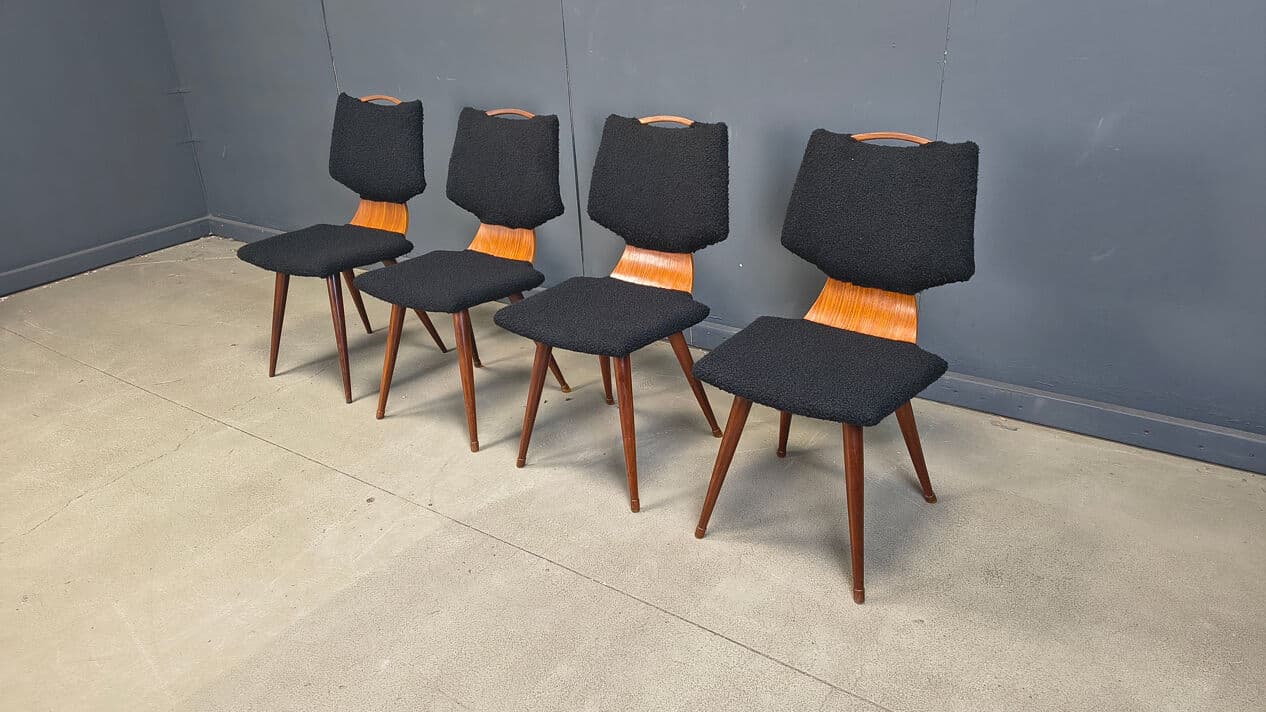 Set of four dining chairs, black bouclé, brown wood, Denmark, 1960s. - 329133