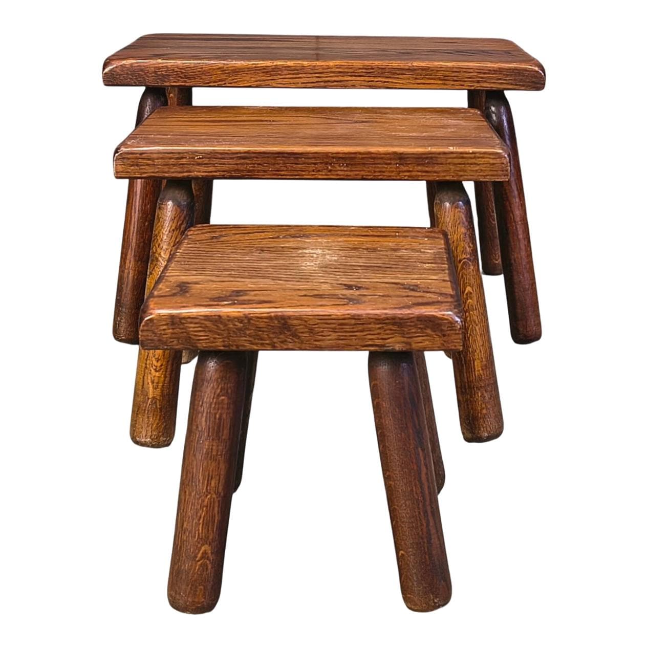 Set of three Brutalist nesting tables, brown oak, Belgium, 1960s.
