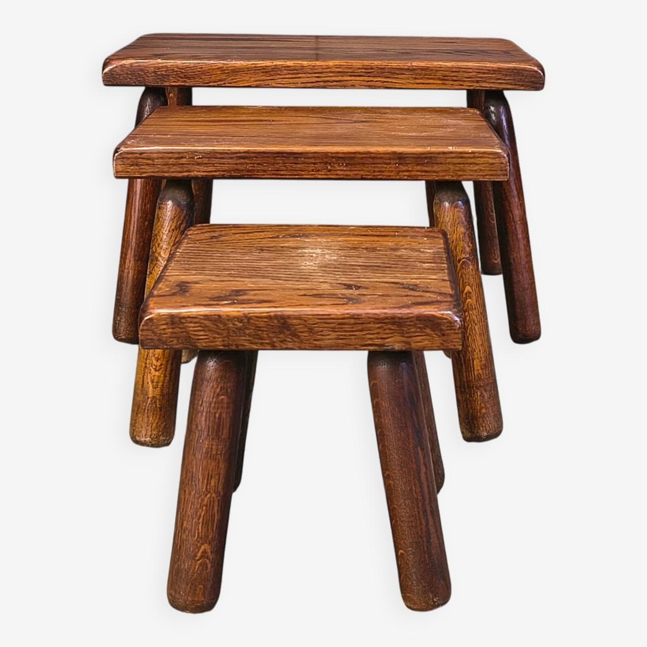 Set of three Brutalist nesting tables, brown oak, Belgium, 1960s. - 329126