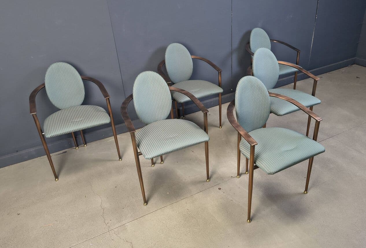 Set of six postmodern dining chairs, blue-green upholstery, copper-brown metal, Belgochrom, Belgium, 1980s. - 329113