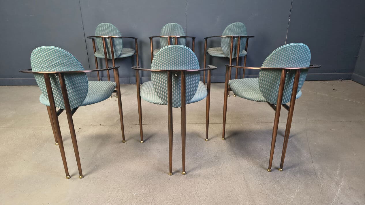 Set of six postmodern dining chairs, blue-green upholstery, copper-brown metal, Belgochrom, Belgium, 1980s. - 329114