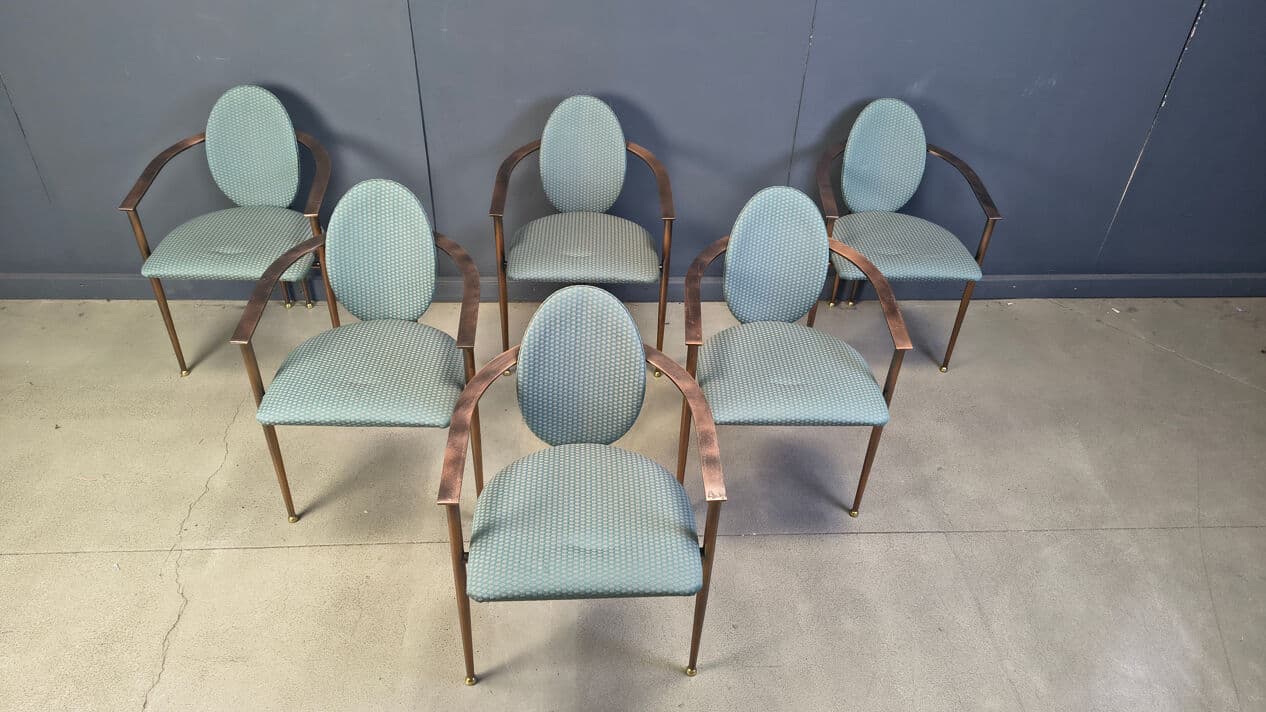 Set of six postmodern dining chairs, blue-green upholstery, copper-brown metal, Belgochrom, Belgium, 1980s. - 329115