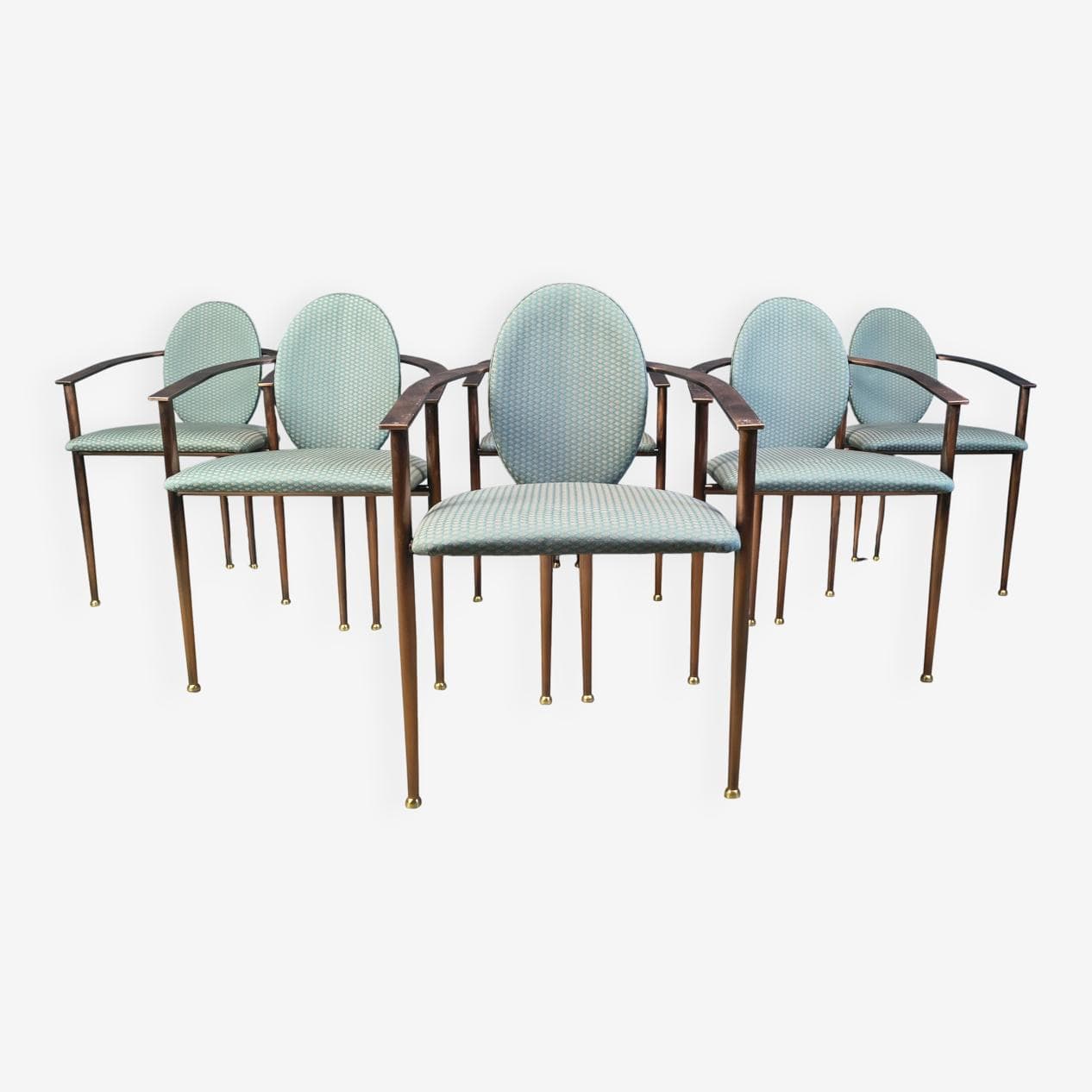 Set of six postmodern dining chairs, blue-green upholstery, copper-brown metal, Belgochrom, Belgium, 1980s. - 329108