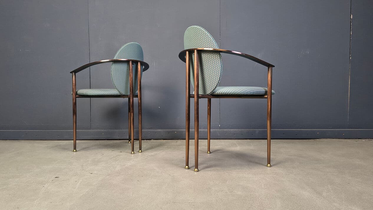 Set of six postmodern dining chairs, blue-green upholstery, copper-brown metal, Belgochrom, Belgium, 1980s. - 329116