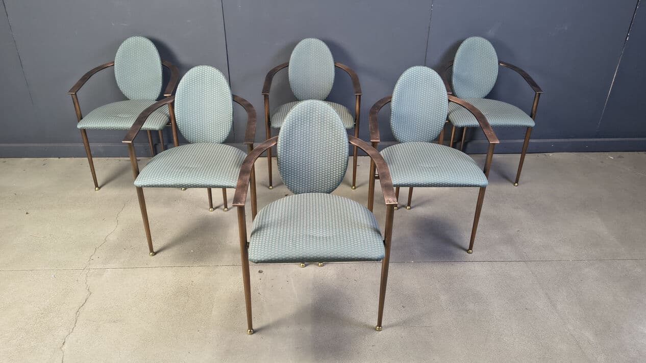 Set of six postmodern dining chairs, blue-green upholstery, copper-brown metal, Belgochrom, Belgium, 1980s. - 329109