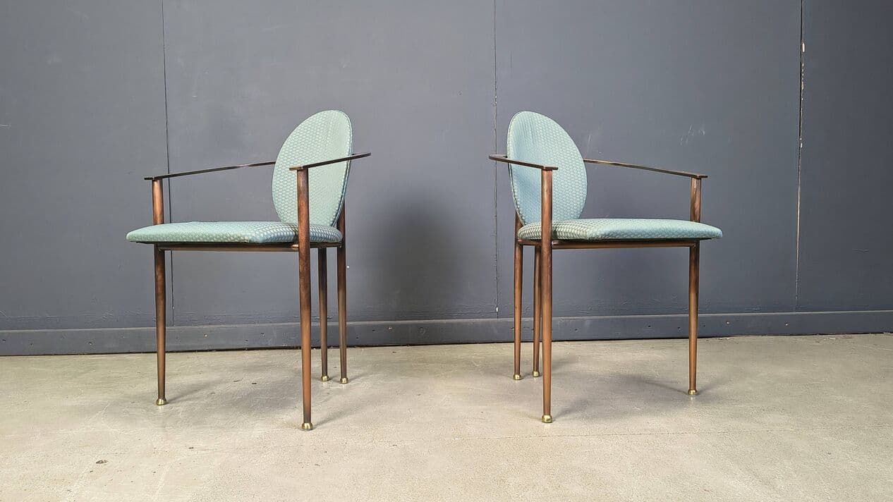 Set of six postmodern dining chairs, blue-green upholstery, copper-brown metal, Belgochrom, Belgium, 1980s. - 329107