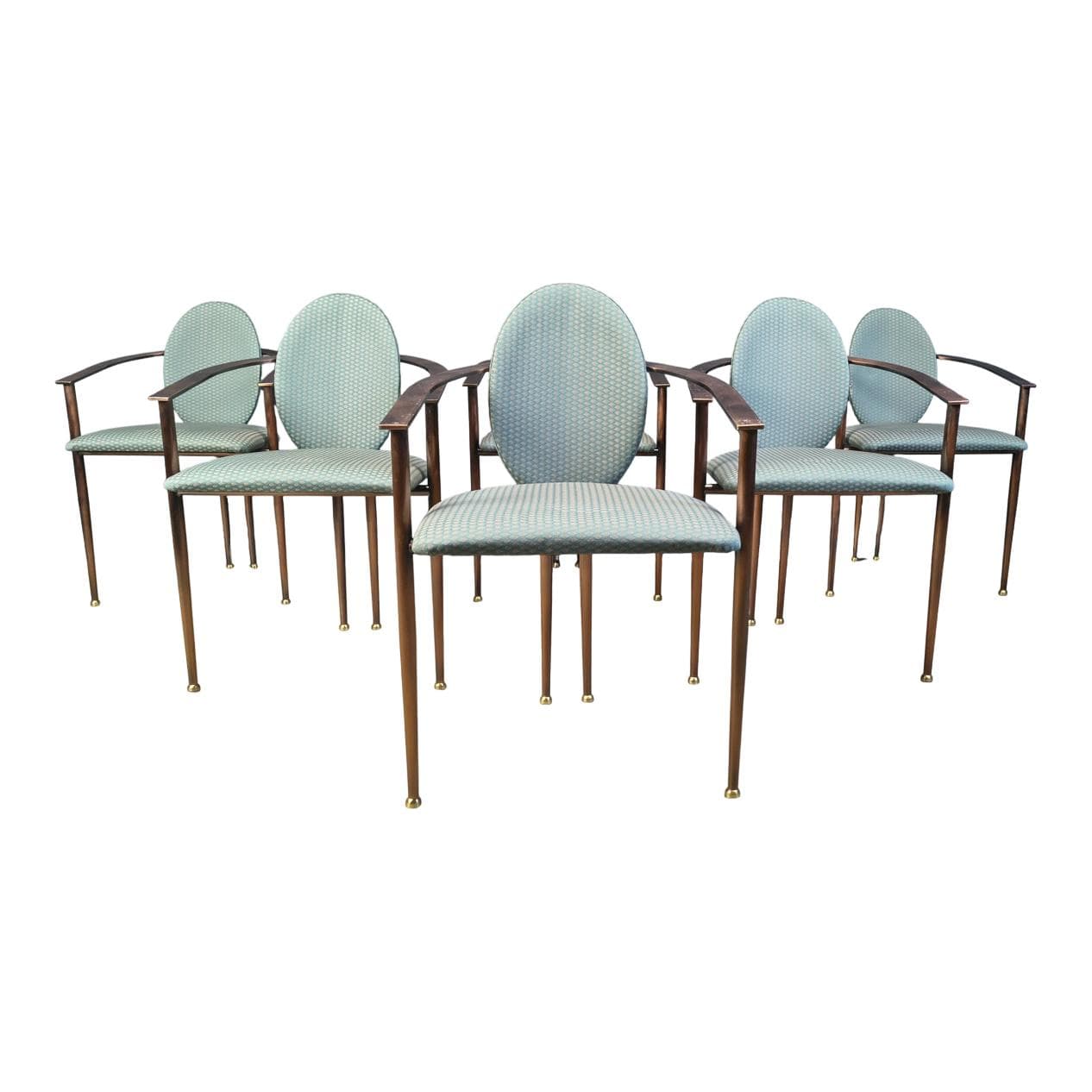Set of six postmodern dining chairs, blue-green upholstery, copper-brown metal, Belgochrom, Belgium, 1980s.