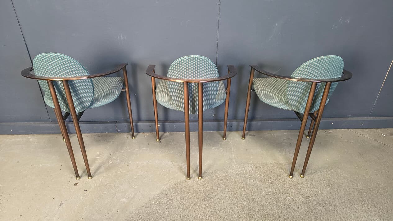 Set of six postmodern dining chairs, blue-green upholstery, copper-brown metal, Belgochrom, Belgium, 1980s. - 329112