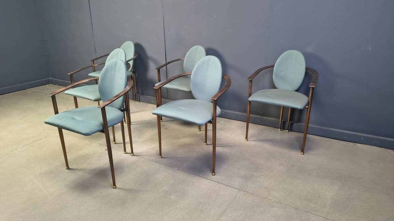 Set of six postmodern dining chairs, blue-green upholstery, copper-brown metal, Belgochrom, Belgium, 1980s. - 329111