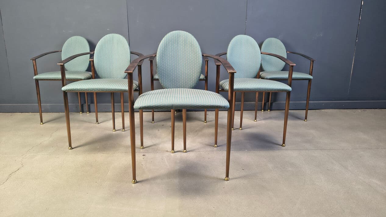 Set of six postmodern dining chairs, blue-green upholstery, copper-brown metal, Belgochrom, Belgium, 1980s. - 329106